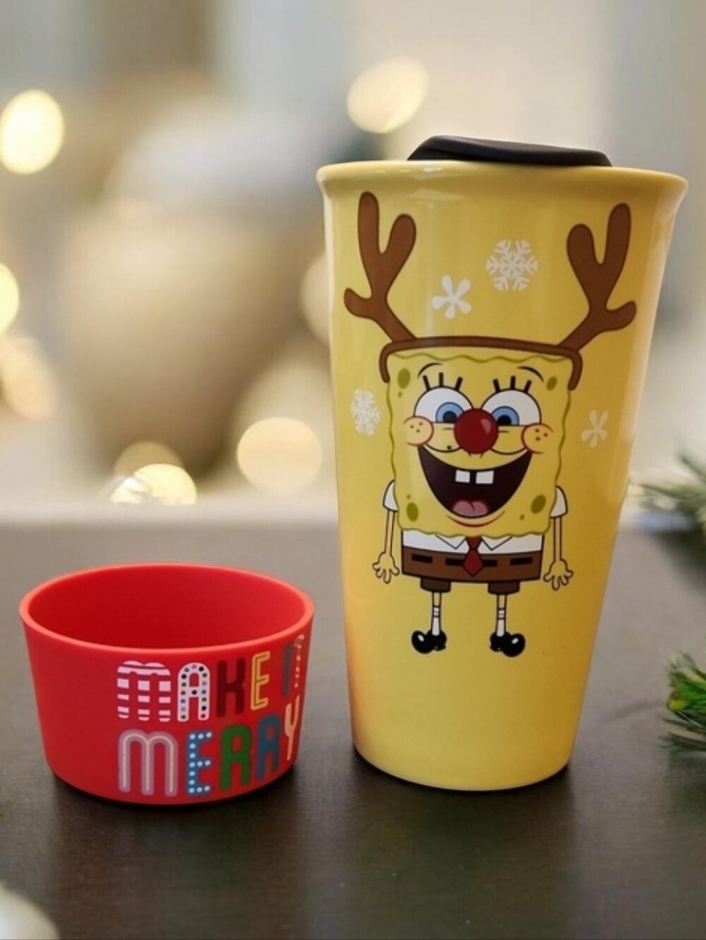 Yellow SpongeBob Travel Mug with Reindeer Design